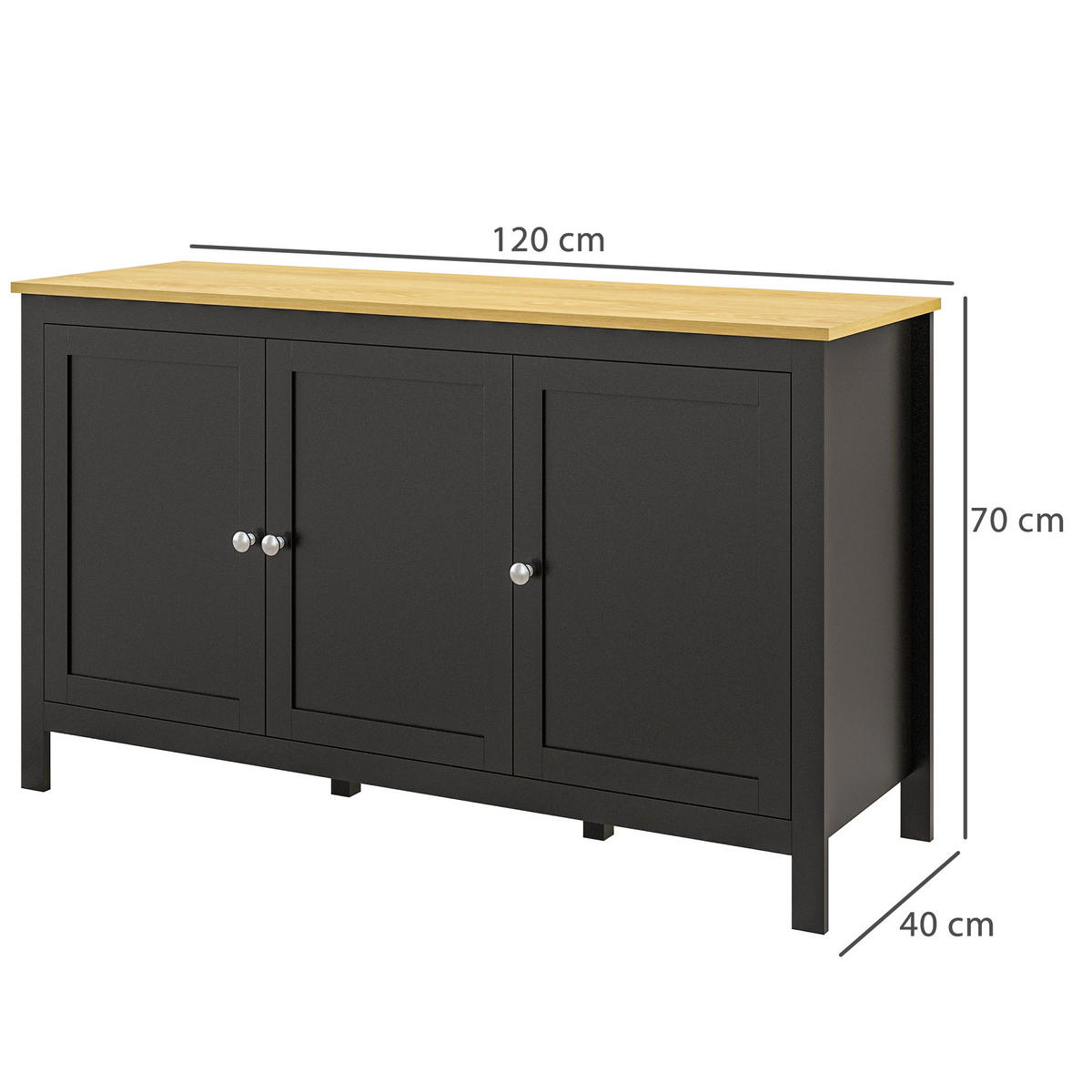 SIDEBOARD DE-11268 3 Türen & 2 verstellbare Böden Schwarz - Schwarz, Holzwerkstoff (120/70/40cm) - ComfortXL