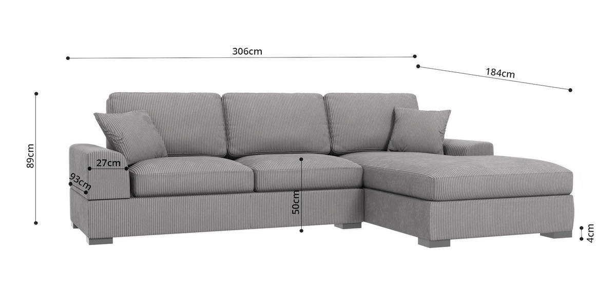 ECKSOFA Saga Hellgrau Cord - Hellgrau/Schwarz, Holz/Buchenholz (306/184cm) - S-Style Möbel