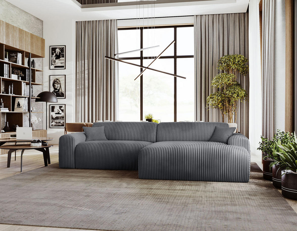 ECKSOFA mit Longchair - Cord - Blau/Schwarz, Kunststoff/Textil (284/178cm) - home24