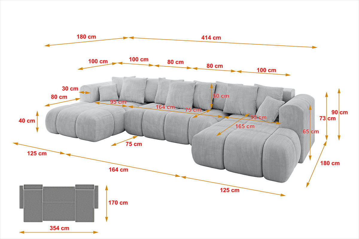 WOHNLANDSCHAFT Ottomane Links CLOUD-U-v1 414x180x40 Grau Cord - Grau, Holzwerkstoff/Kunststoff (414/90/180cm) - ALTDECOR