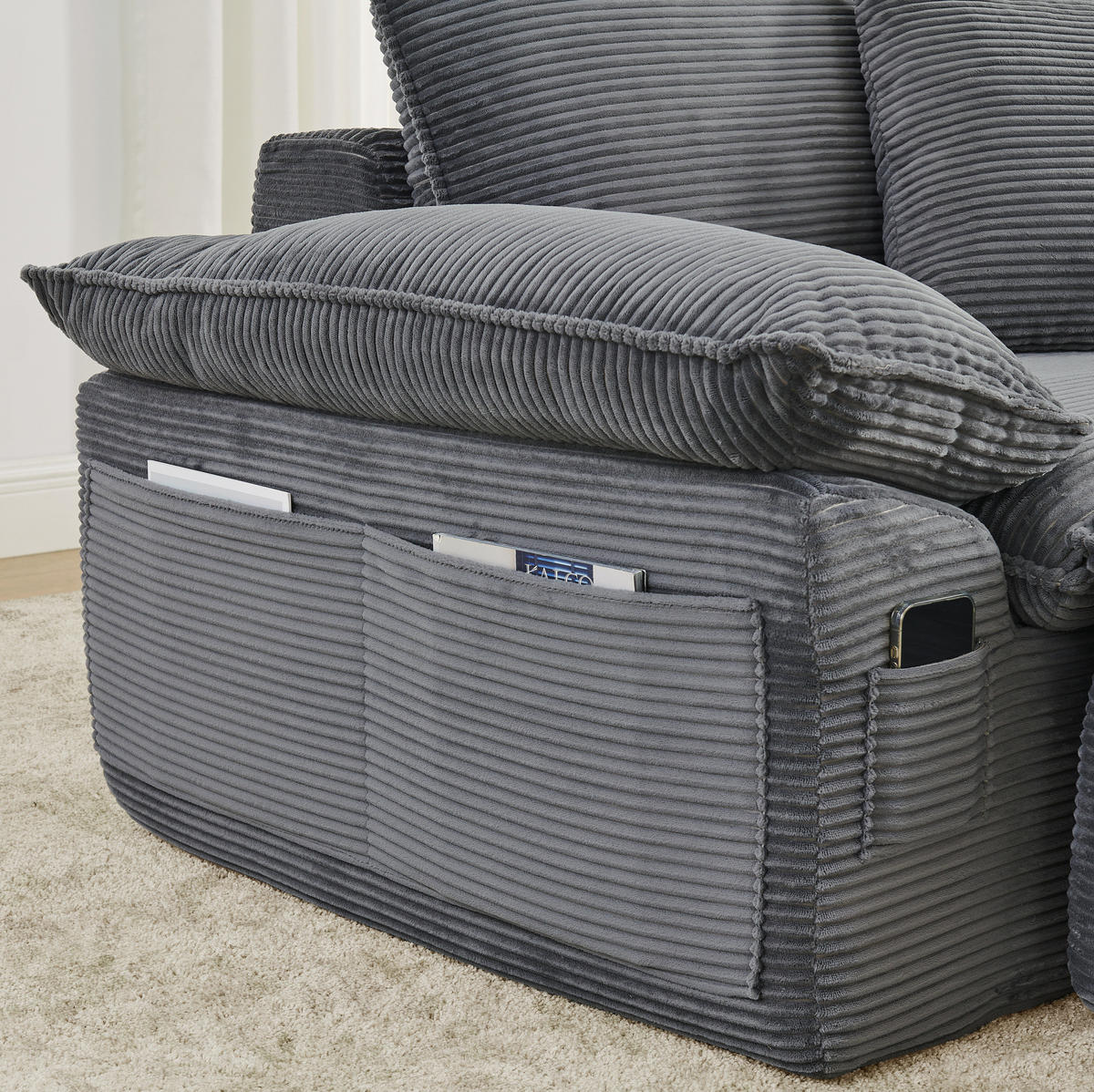 2-SITZER Bodensofa aus Stoff Hellgrau modular mit Fußstütze und Aufbewahrungstaschen - Hellgrau, Textil (156/65/206cm) - Modfu
