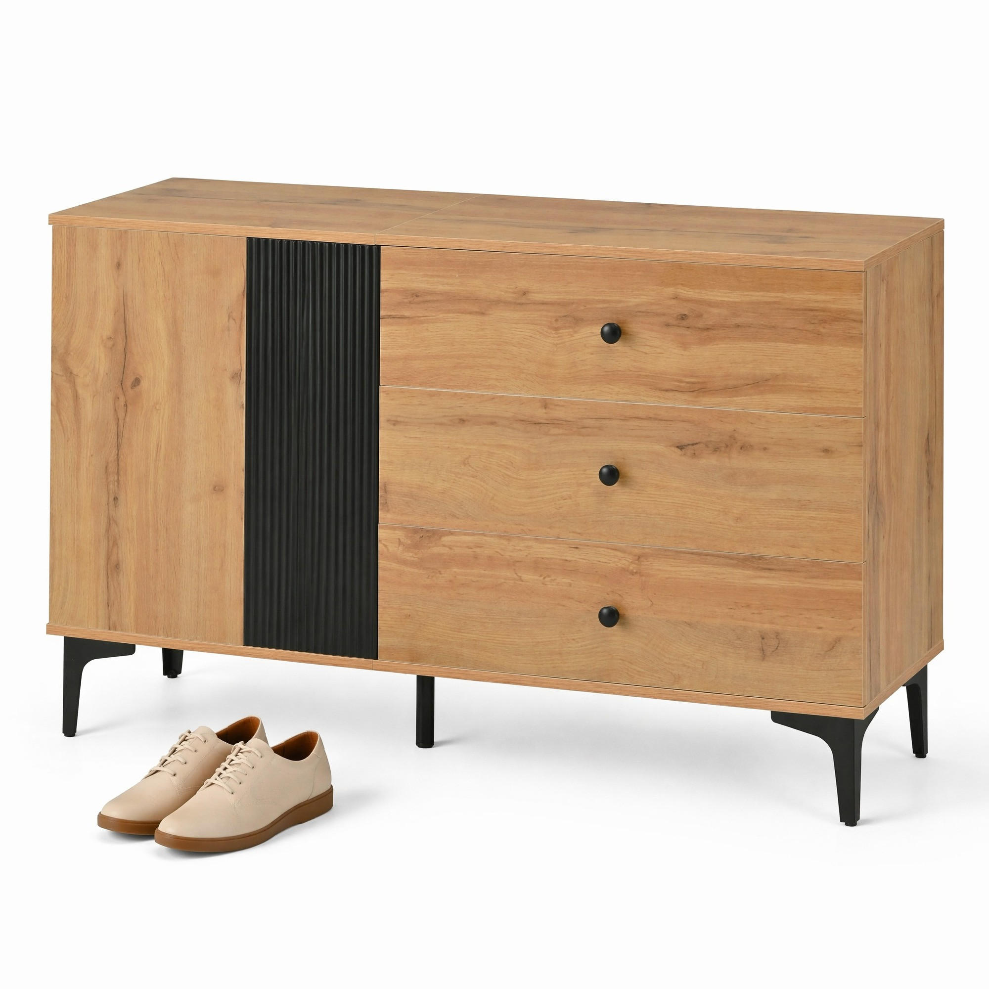 KUCHYŇSKÁ SKŘÍŇ bílá, úložný prostor, moderní minimalistický design, do obývacího pokoje, 120×35×76 cm - přírodní/černá, kov/kompozitní dřevo (120/76/35cm) - STILVORA