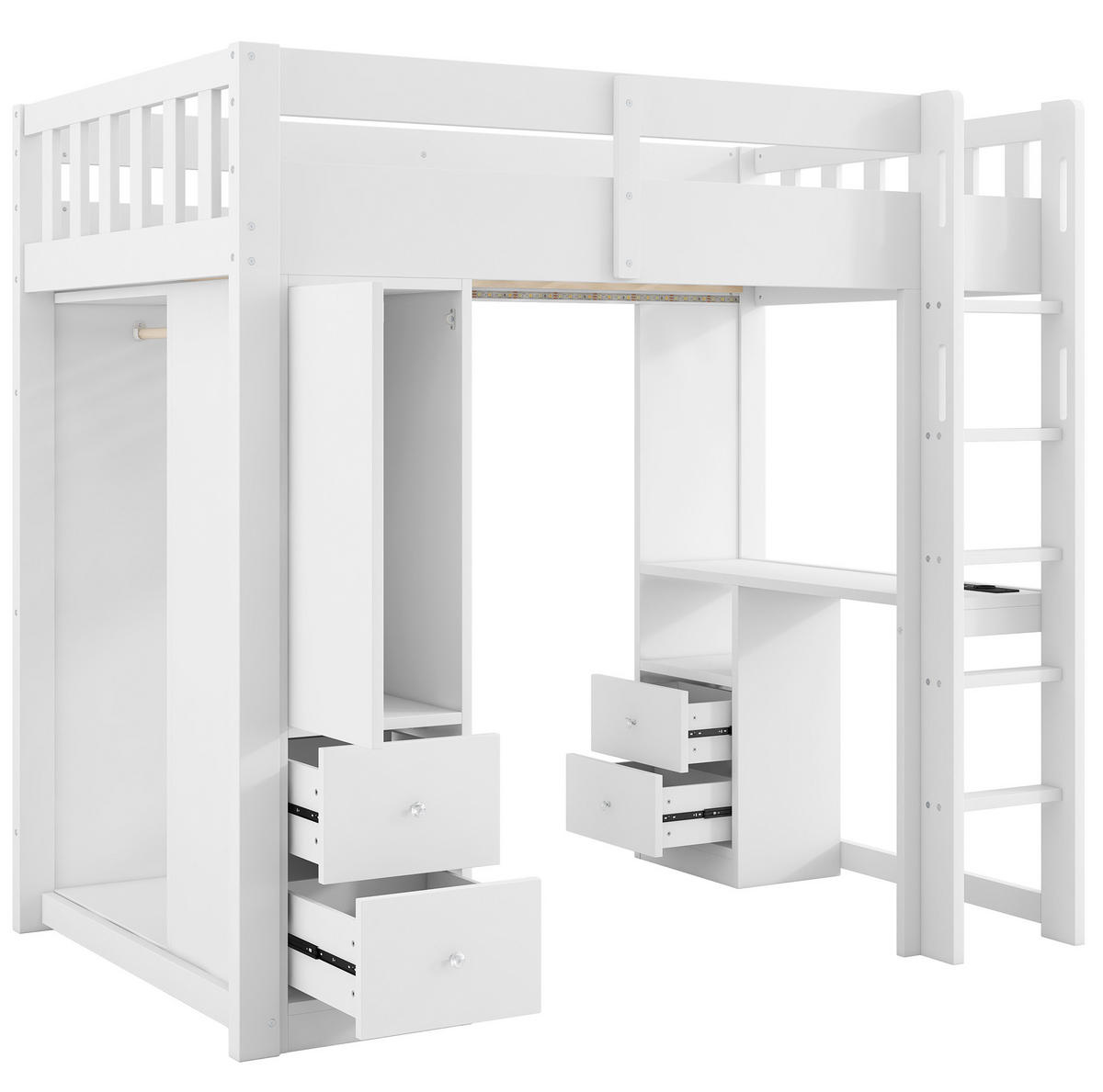 HOCHBETT 90/200 cm Weiß mit Schreibtisch, LED und 4 Schubladen - Weiß, Holz (90/200cm) - MIVRAY