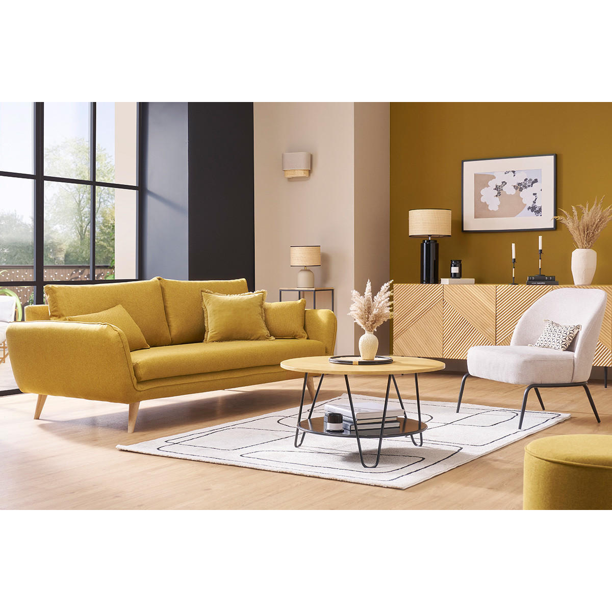 COUCHTISCH Rund Massiv Mangoholz Schwarz Metall PRIYA - Naturfarben, Holz (80/80/45cm) - Miliboo