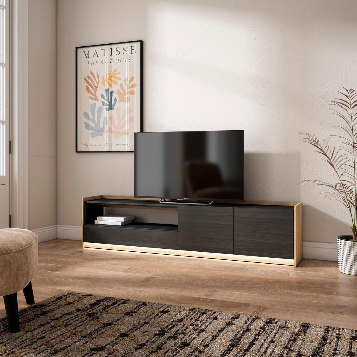 LOWBOARD, Schwarz und Eiche, 207/37/50cm, mit Led - Schwarz, Holzwerkstoff (207/50/37cm) - Skraut Home