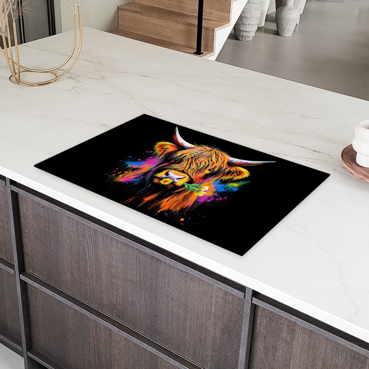 HERDABDECKPLATTE Schottischer Highlander - Graffiti - Bunt - Blume - Tiere Ceranfeldabdeckung 85x52 cm - Multicolor, Kunststoff (85/52/0.2cm) - MuchoWow