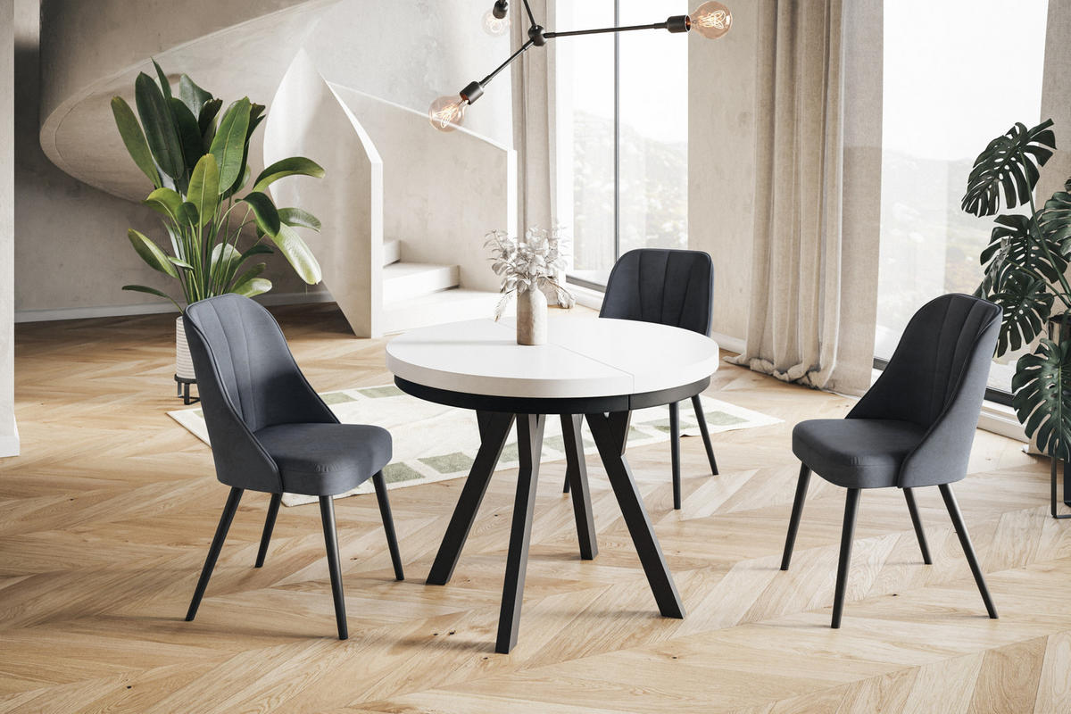 ESSZIMMERTISCH EVO, ausziehbarer Tisch 80 cm bis 130 cm, Farbe: Weiß, mit Holzbeinen in Farbe Schwarz - Schwarz/Weiß, Holzwerkstoff (80/80/77cm) - Alpi-Möbel