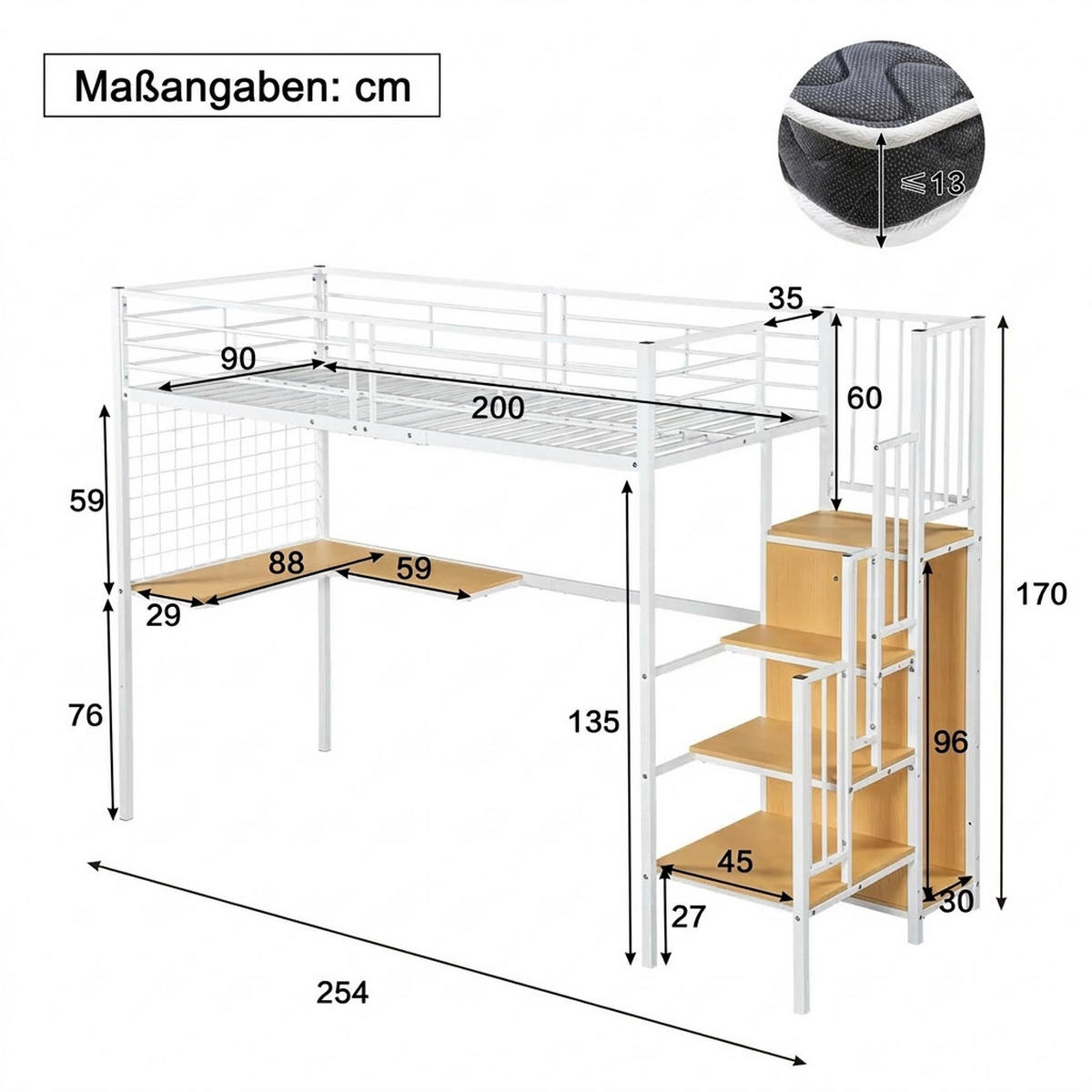 HOCHBETT 140/200 cm Schwarz mit Tisch, Kleiderschrank und Stauraumtreppe - Schwarz, Metall (140/200cm) - Oxeza