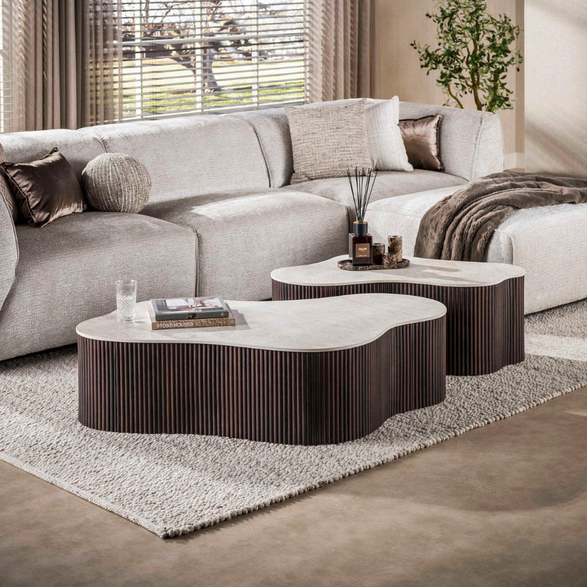 COUCHTISCH Set CERAMO GRANDE 2-teilige XXL-Loungetische im Monolith-Design - Dunkelbraun/Beige, Keramik (135/75/34cm) - alesvelt
