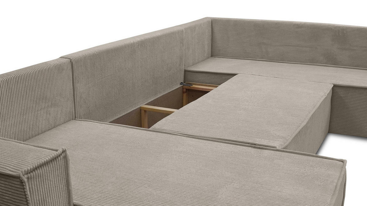WOHNLANDSCHAFT STYLO U-Form mit Schlaffunktion Bettkasten Cordstoff Poso Beige - Beige, Kunststoff (315/90/215cm) - Wohnideebilder