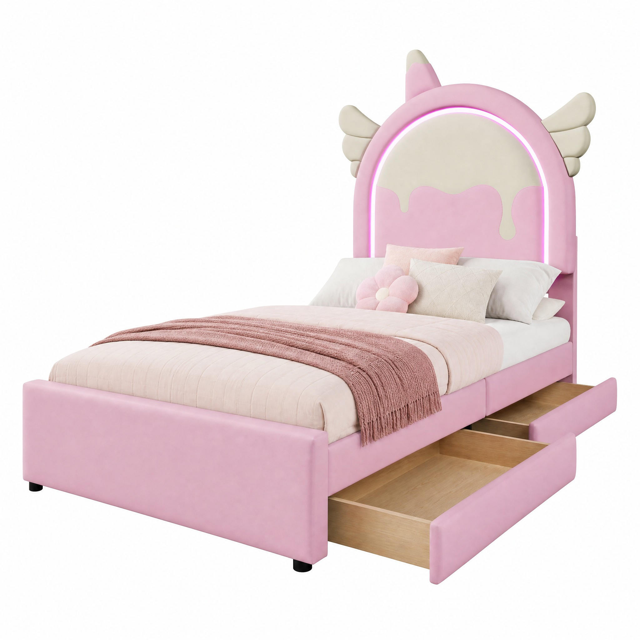 POLSTERBETT mit Leuchtleiste und 2 Schubladen 90x200 cm PU Rosa - Pink, Holzwerkstoff (90/200cm) - Beauniv