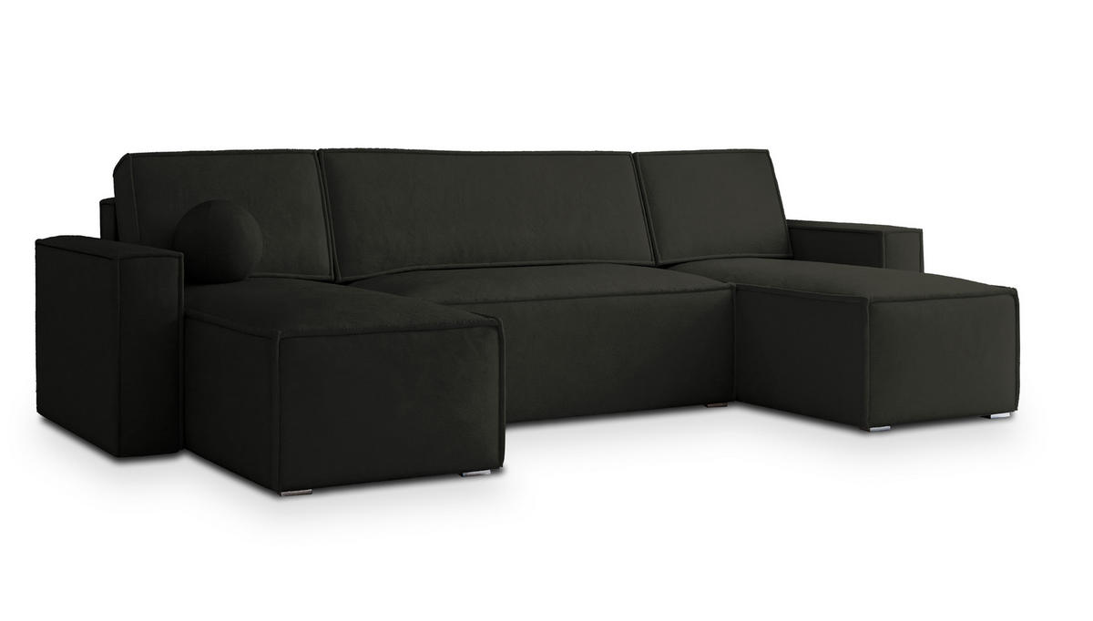 WOHNLANDSCHAFT PESANO M Schwarz Velours-Stoff mit Schlaffunktion - Schwarz, Holz (306/85/140cm) - MASSENO