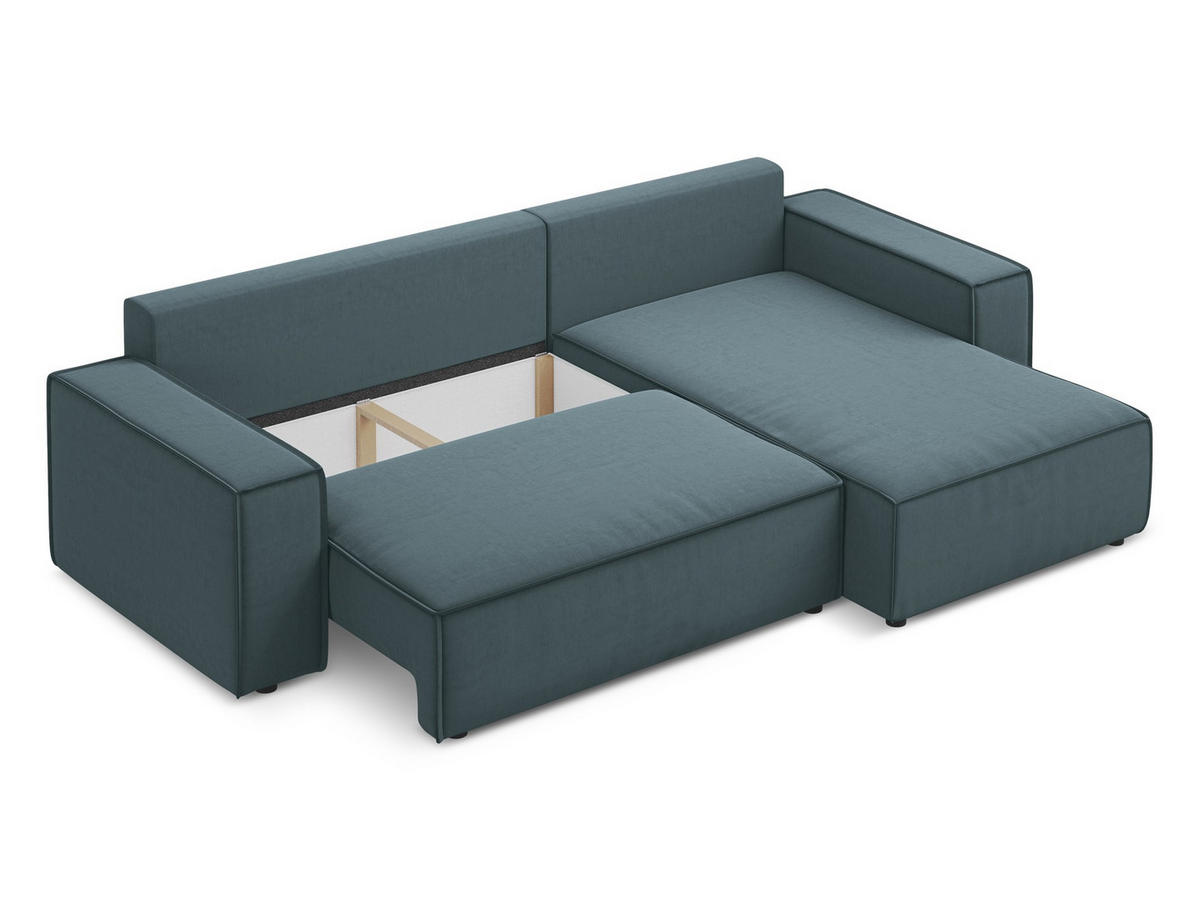 ECKSOFA mit Schlaffunktion Samt Stoff Blau - Blau/Petrol, Kunststoff/Textil (290/185cm) - Makamii