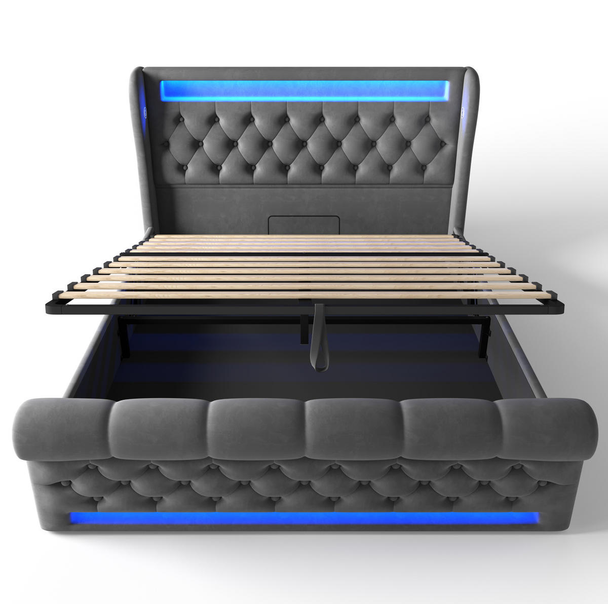 POLSTERBETT aus Samt 140x190 cm in Grau mit LED & USB-/Type-C-Ladestation - Grau, Textil (140/190cm) - Modfu