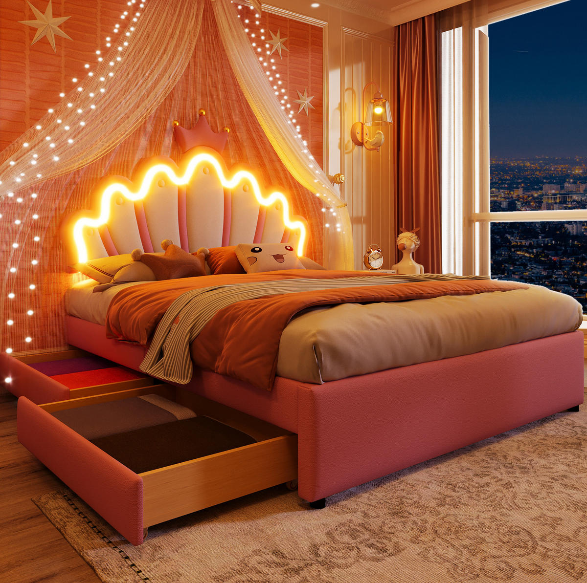 POLSTERBETT mit 2 Schubladen und LED-Licht 140x200 cm PU Rosa - Pink, Holzwerkstoff (140/200cm) - Beauniv