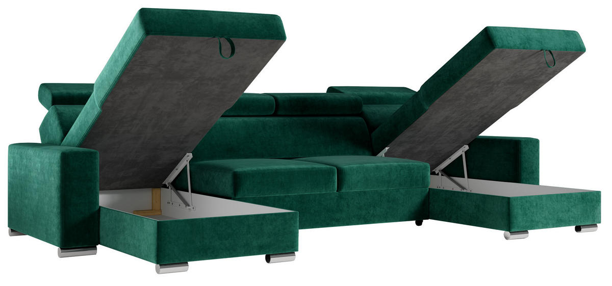 WOHNLANDSCHAFT FOX U Dunkelgrün - Velvet - Dunkelgrün/Silberfarben, Kunststoff/Textil (306/98/168cm) - MKS