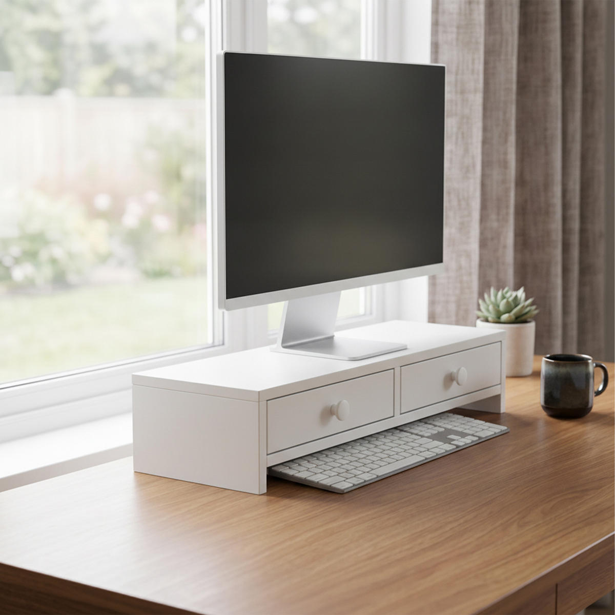 MONITORSTÄNDER Weiß MDF 2 Schubladen 47x18x12,5 cm - Weiß, Holzwerkstoff (18/47/12.5cm) - Relaxdays