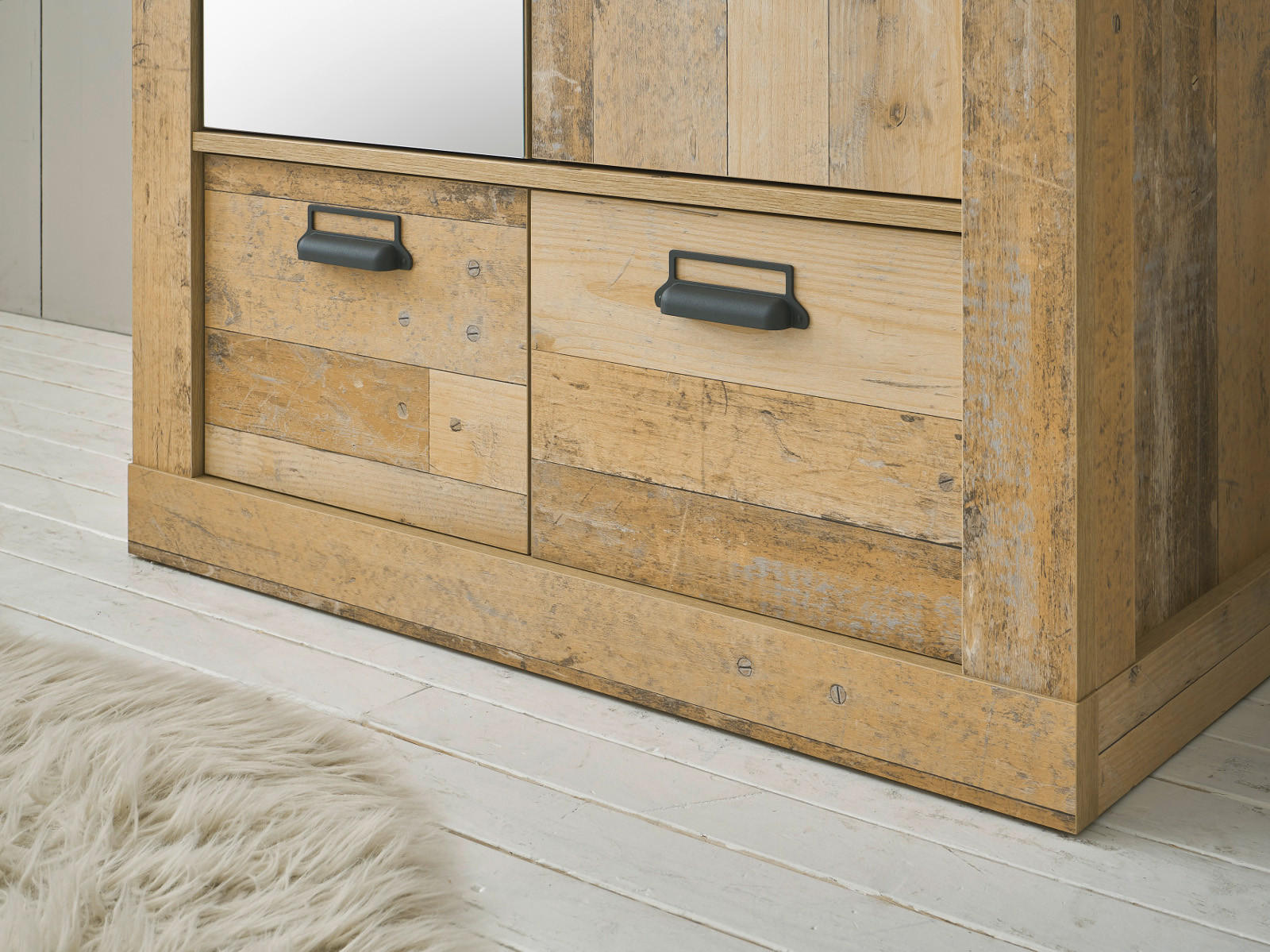 Thumbnail - Furn.Design Kleiderschrank, Natur, Dunkelgrau, Metall, Nachbildung,Altholz, Vintage, Holz Optik, 2 Fächer, 2 Schubladen,...