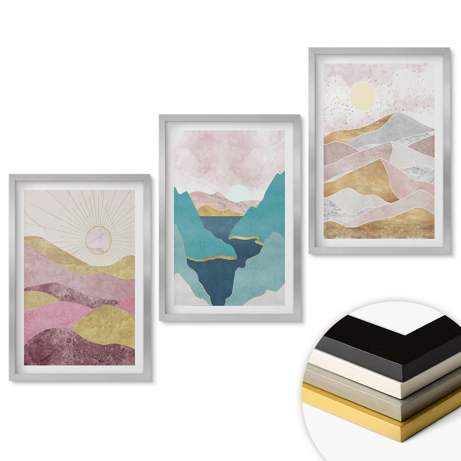 WANDBILDER 3er Set - 40x60 cm Silberner Rahmen - Abstrakte Berge Sonne - Silberfarben, Kunststoff (40/60cm) - ArtPrintCave
