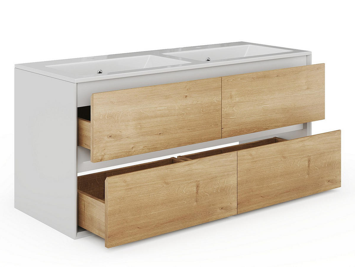 DOPPELWASCHTISCH - 120 cm x 45.6 cm - Keramik, Holz, Platte - Naturfarben Hell, Weiß - LANNICK - Naturfarben/Weiß, Keramik/Holz (120/55/45.6cm) - Vente-Unique