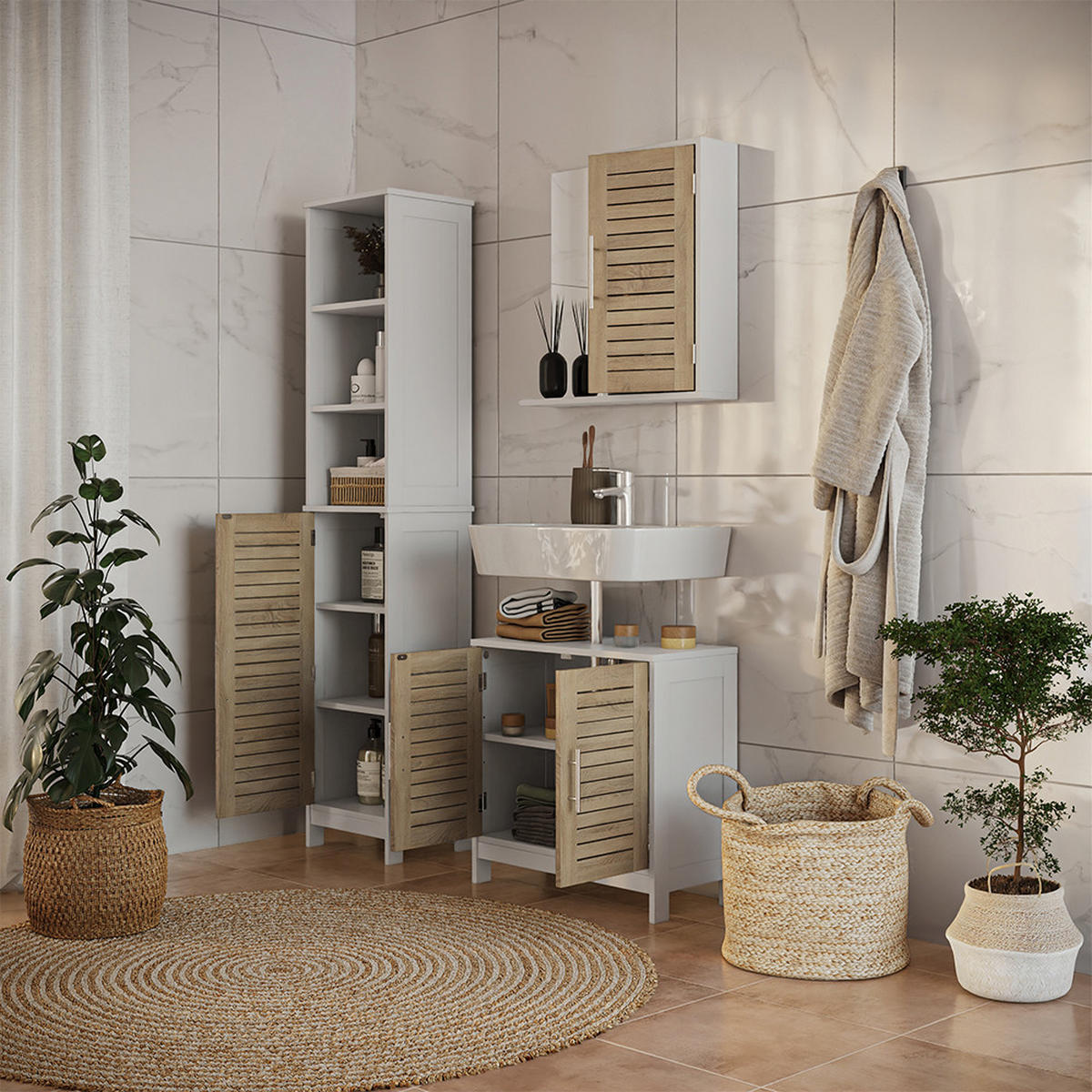 BADMÖBEL-SET Looma Weiß/Eiche 3 Teile - Weiß, Holzwerkstoff (60/60/29.6cm) - Vicco