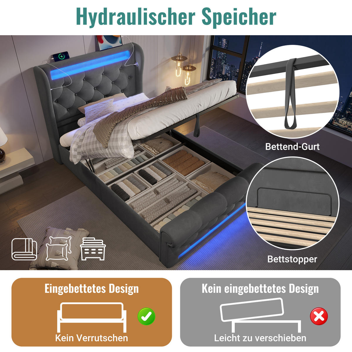 POLSTERBETT 90x200cm Einzelbett LED USB-C & Hydraulik Grau Samt - Grau, Holz (90/200cm) - FLIEKS