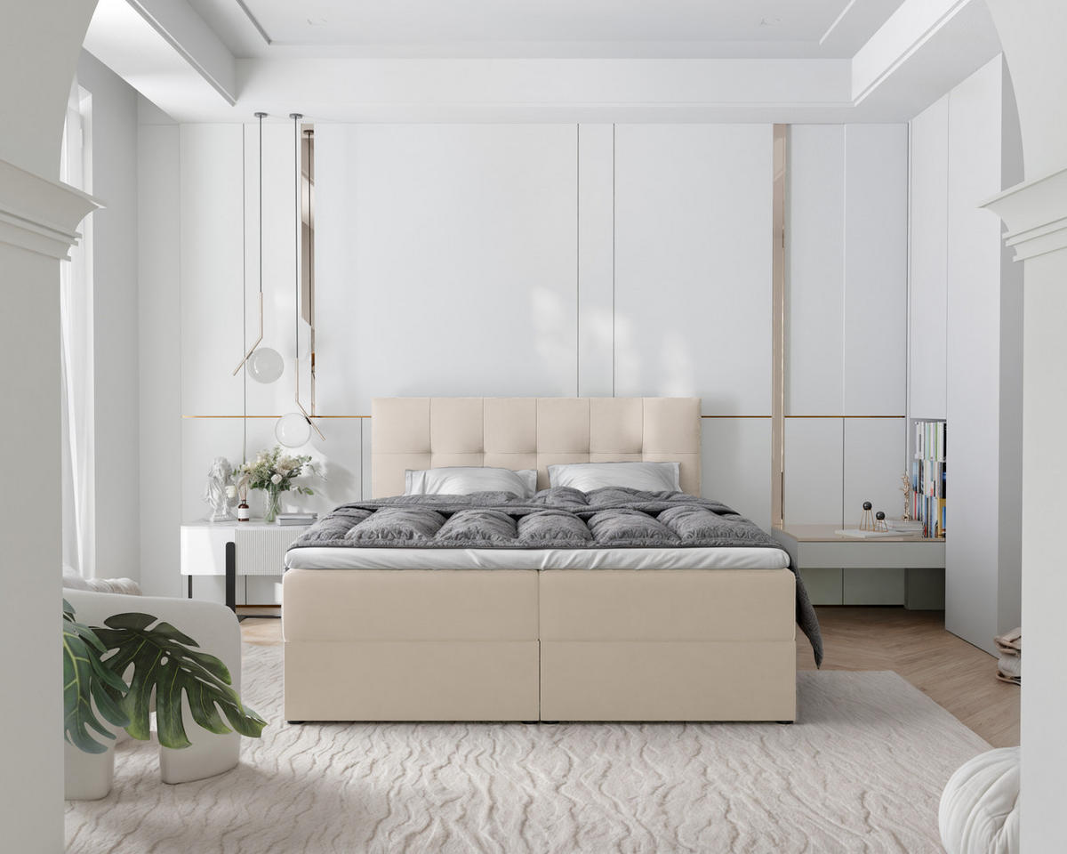 BOXBETT RENZO 200/200 cm mit Matratze und Topper, Hellbeige - Sandfarben, Holzwerkstoff/Textil (200/200cm) - Idohome