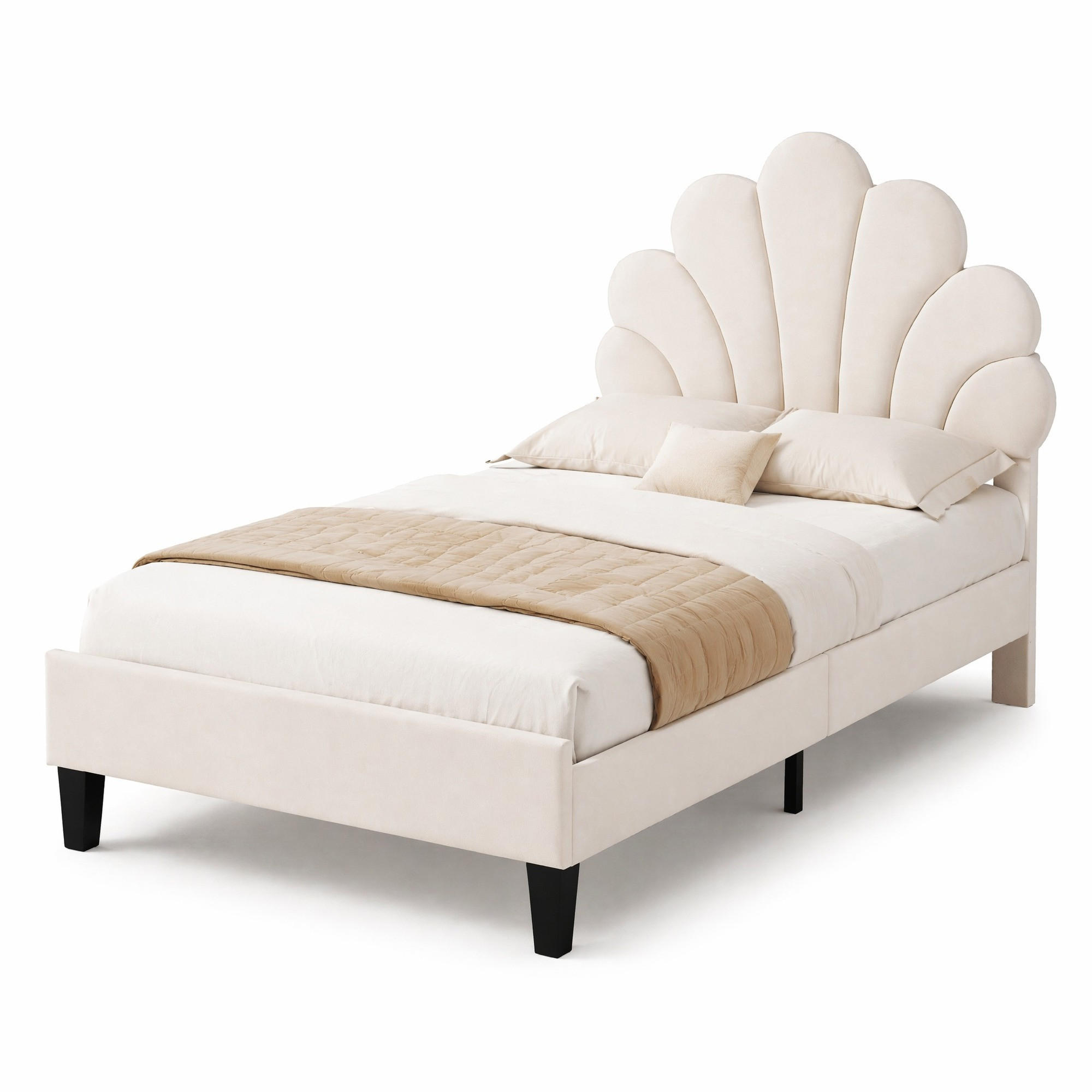 POLSTERBETT 90/200 cm in Beige Samt mit Blumenkopfteil und Lattenrost - Beige, Holzwerkstoff/Textil (90/200cm) - CHICFURN
