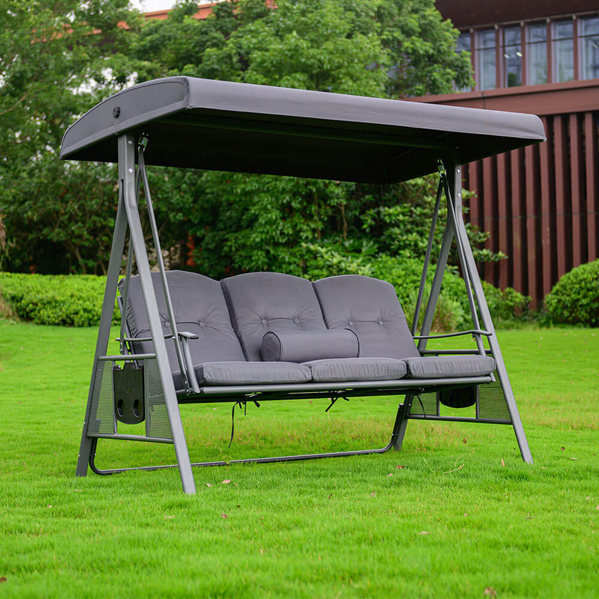 HOLLYWOODSCHAUKEL DESCANSO - Grau, Ohne Regenabdeckung - Grau, Textil/Metall (115/195/198cm) - Home Deluxe