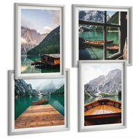 BILDER SET 4er Set - 50x50 cm & 40x60 cm Silberner Rahmen - Berglandschaften, Ferienhäuser, Boote - Silberfarben, Kunststoff (50/50cm) - TULUP