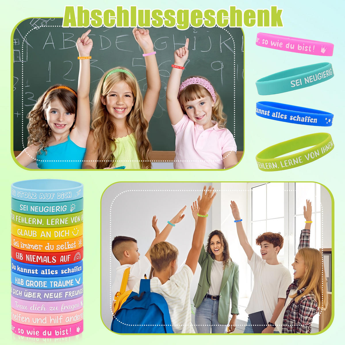 24 Stück Motivationsarmbänder Kinder, 6cm Silikon Armband, kleine geschenke für kinder, Abschiedsgeschenk Schüler Grundschule - Multicolor, Textil (18/1.2/6cm)