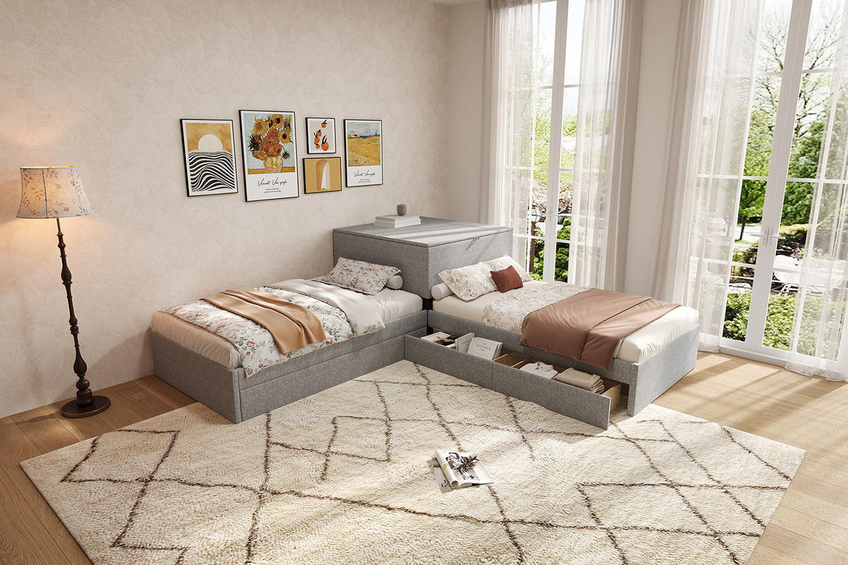 POLSTERBETT 90/200 cm in Grau mit Ausziehbett, Schrank und 2 Schubladen Leinen - Grau, Holzwerkstoff/Textil (90/200cm) - CHICFURN