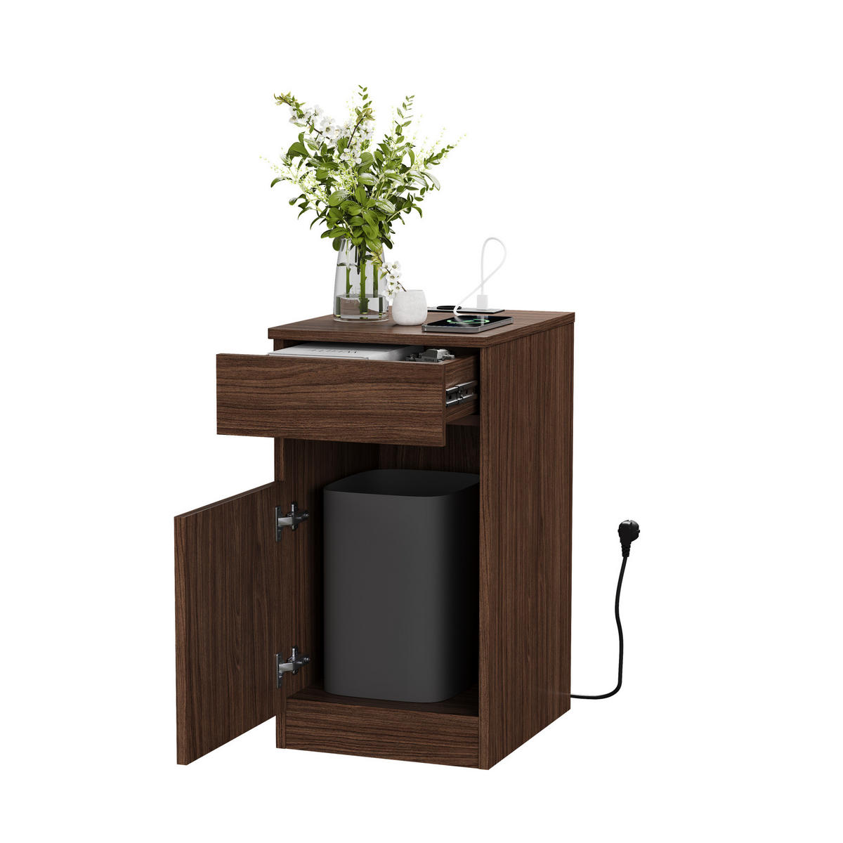 NACHTTISCH aus MDF 40x33x61,5 cm Braun mit USB-A, USB-C, Steckdose, Schublade und Mülleimer - Braun, Holzwerkstoff (33/61.5/40cm) - Modfu