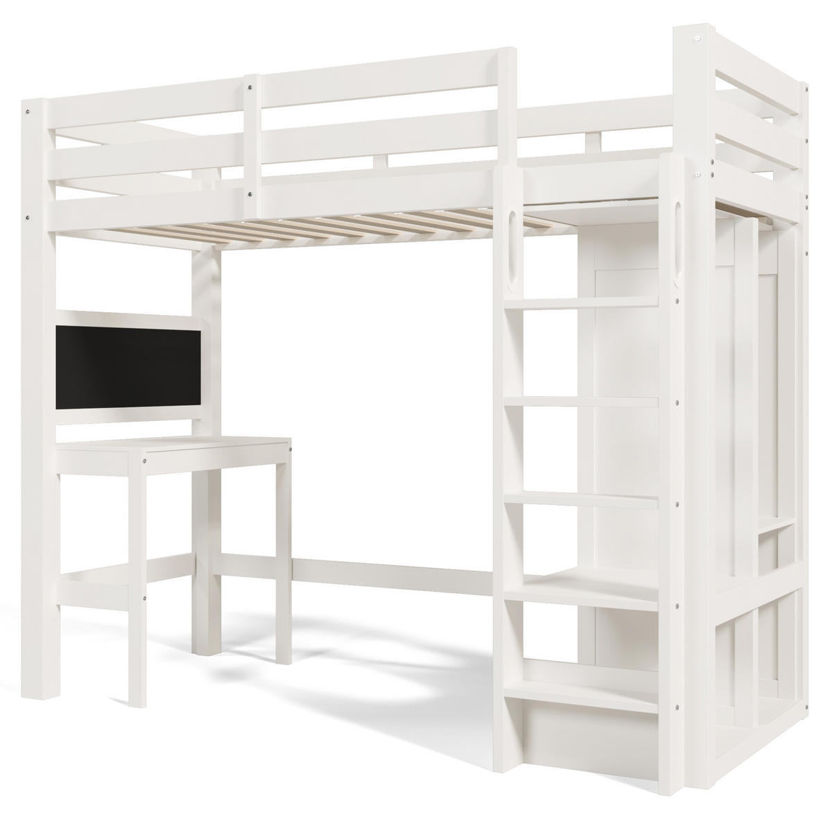 HOCHBETT 90/200 cm in Weiß mit Schreibtisch, Kreidetafel und offenem Kleiderschrank - Weiß, Holzwerkstoff (90/200cm) - Flora Grace