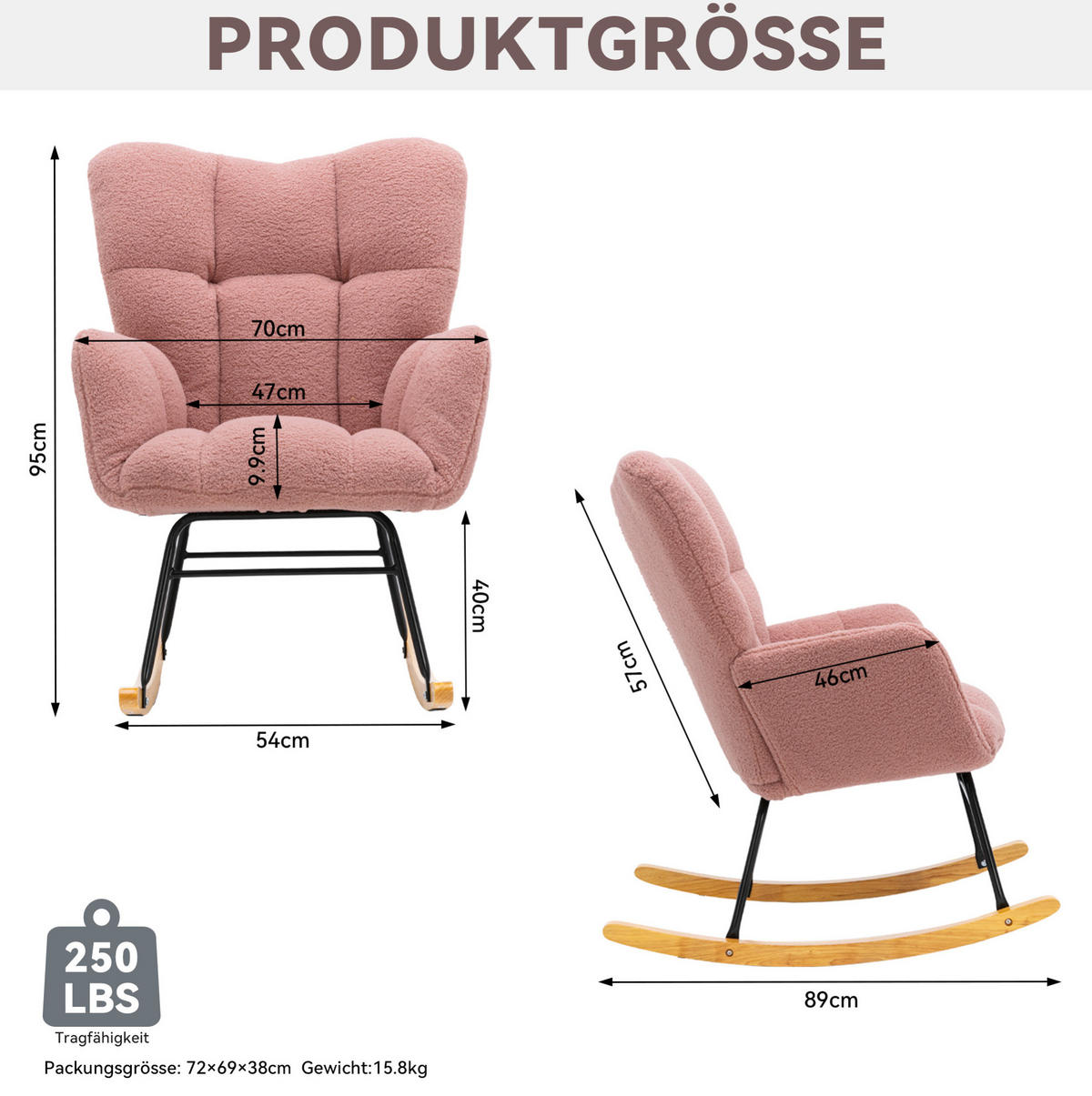 SCHAUKELSTUHL 80/70/95 cm in Rosa aus Teddystoff mit Holz-Kufen - Rosa, Textil (70/95/80cm) - Flora Grace