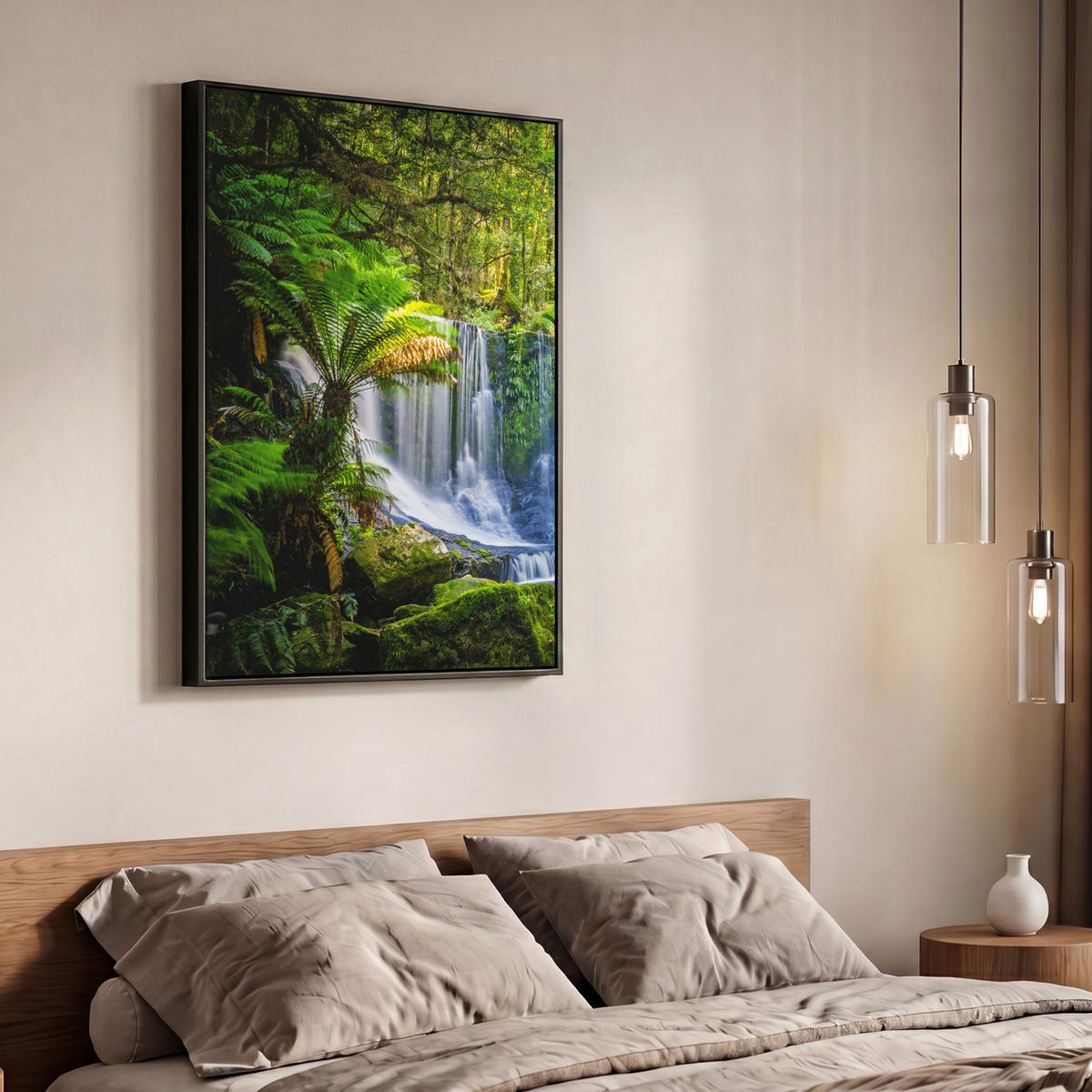 LEINWAND Bilder mit Rahmen - Dschungel - Wasserfall - Australien - Pflanzen - Natur - 70x100 - Dunkelgrün, Textil (70/100cm) - MuchoWow