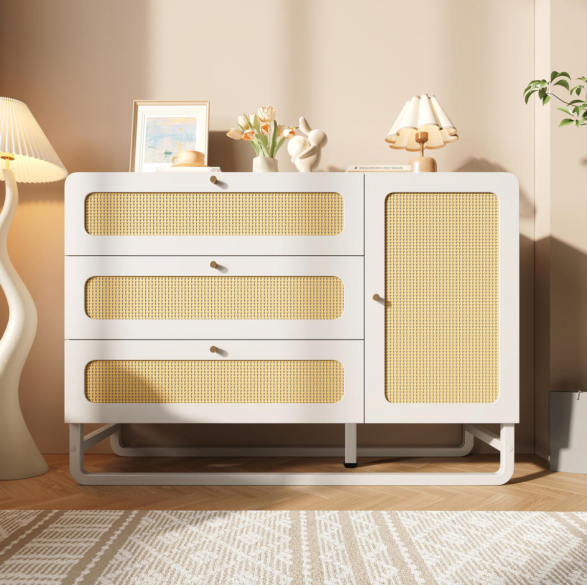 SIDEBOARD 120/40/85 cm weiß aus MDF und Metall mit Rattandekor - Weiß, Metall (120/85/40cm) - OKWISH