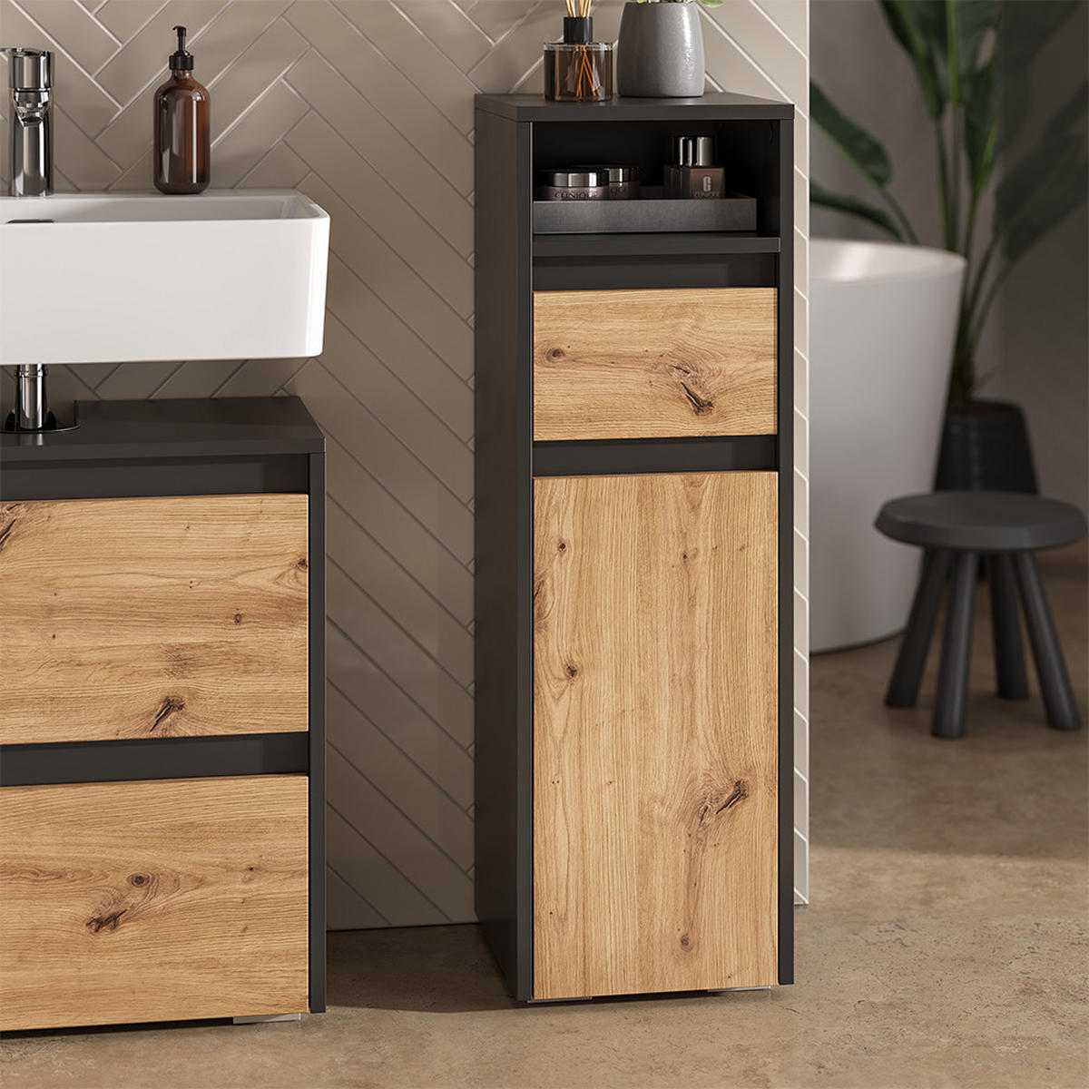 MIDISCHRANK Majest Anthrazit/Artisan 30.2 x 96.3 cm mit Schublade und Tür - Anthrazit/Hellgrau, Holzwerkstoff (30.2/96.3/30cm) - Vicco