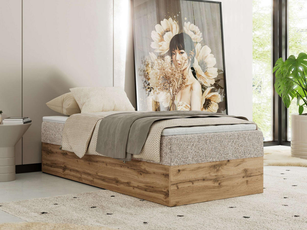 BOXBETT WOOD ZERO 90/200 - Beige Struktur - H4 - Topper Visco - Beige, Textil (90/200cm) - MKS