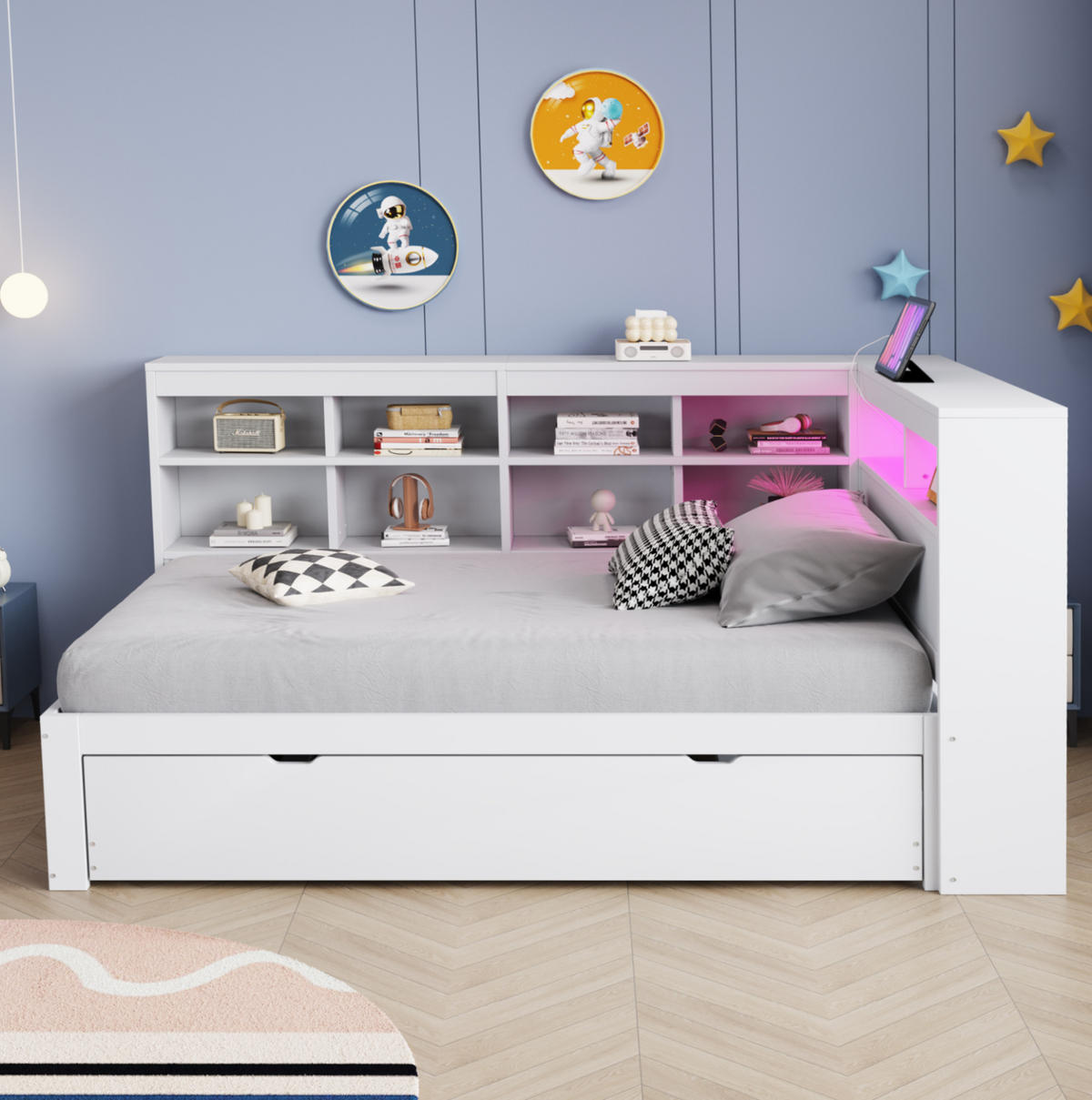 BETT 90x200 cm Weiß mit Ausziehbett, USB-Steckdose, LED-Beleuchtung und Stauraum - Weiß, Holzwerkstoff (90/200cm) - Modfu