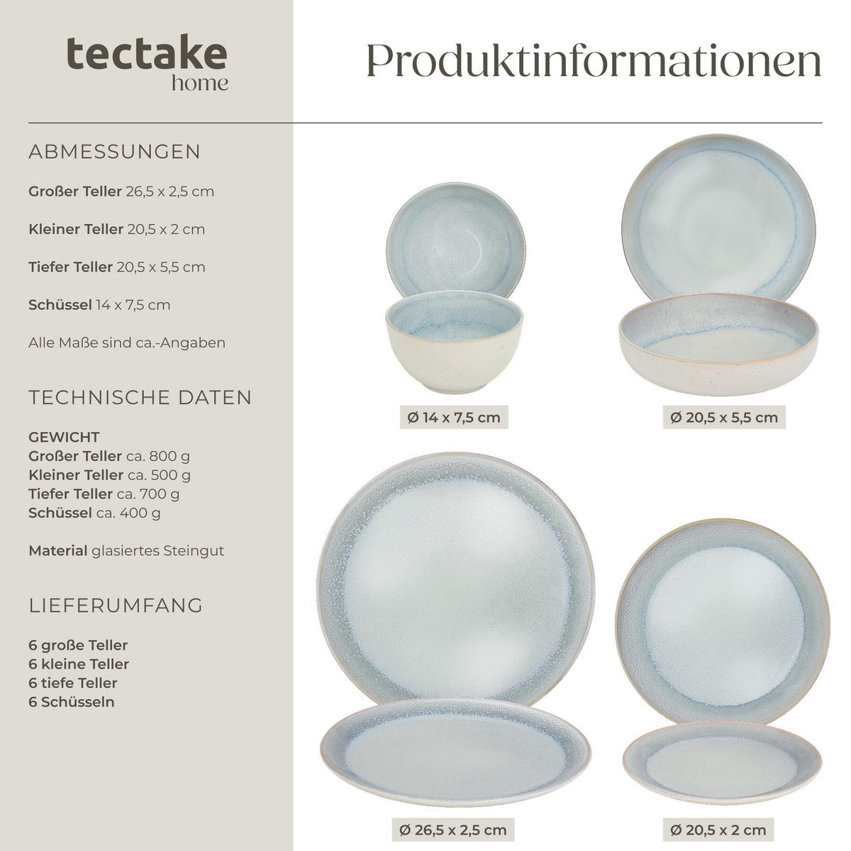 TAFELSERVICE Mare, ineinander stapelbar, grau - Grau, Keramik (26.5/2.5/26.5cm) - tectake