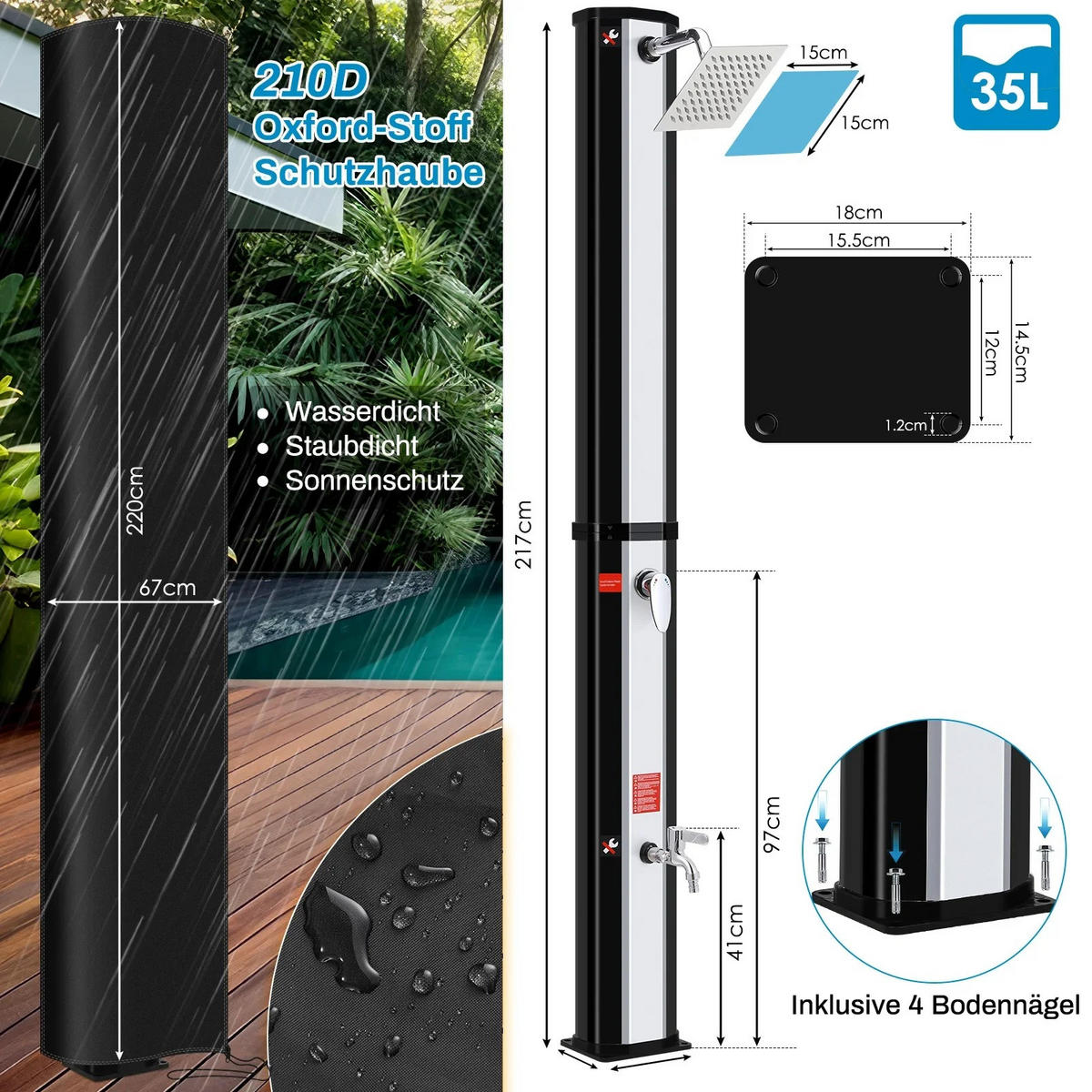 SOLARDUSCHE mit Duschkopf, 35L Kalten Heißer Silber für Garten Strand Pool - Silberfarben, Kunststoff (18/217/14.5cm) - Kaket