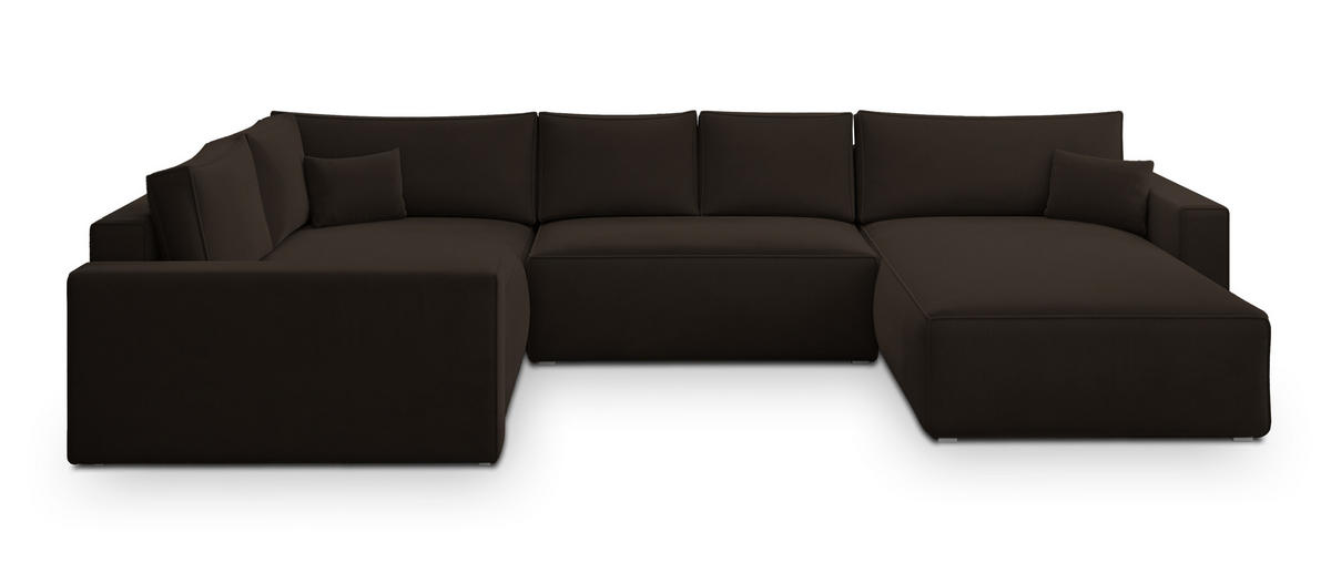 WOHNLANDSCHAFT VELAMI L-S Braun Velours-Stoff mit Schlaffunktion - Braun, Holz (365/83/194cm) - MASSENO