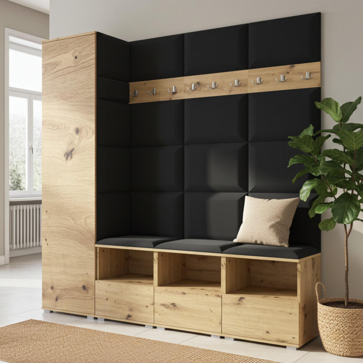 GARDEROBE NELA IX 200 cm (Modulare Flurmöbel Artisan Eiche mit Sitzpolster Schwarz 16 Breite Sitzbank) - Silberfarben/Schwarz, Holz/Holzwerkstoff (200/187/40cm) - Ravio