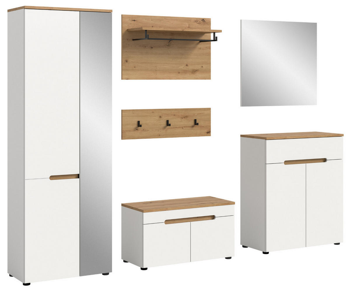 GARDEROBEN-SET weiß, Eiche Artisan 6-teilig, Komplett-Set mit Soft-Close - Weiß, Glas/Holzwerkstoff (255/190/37cm) - Inn.Furn