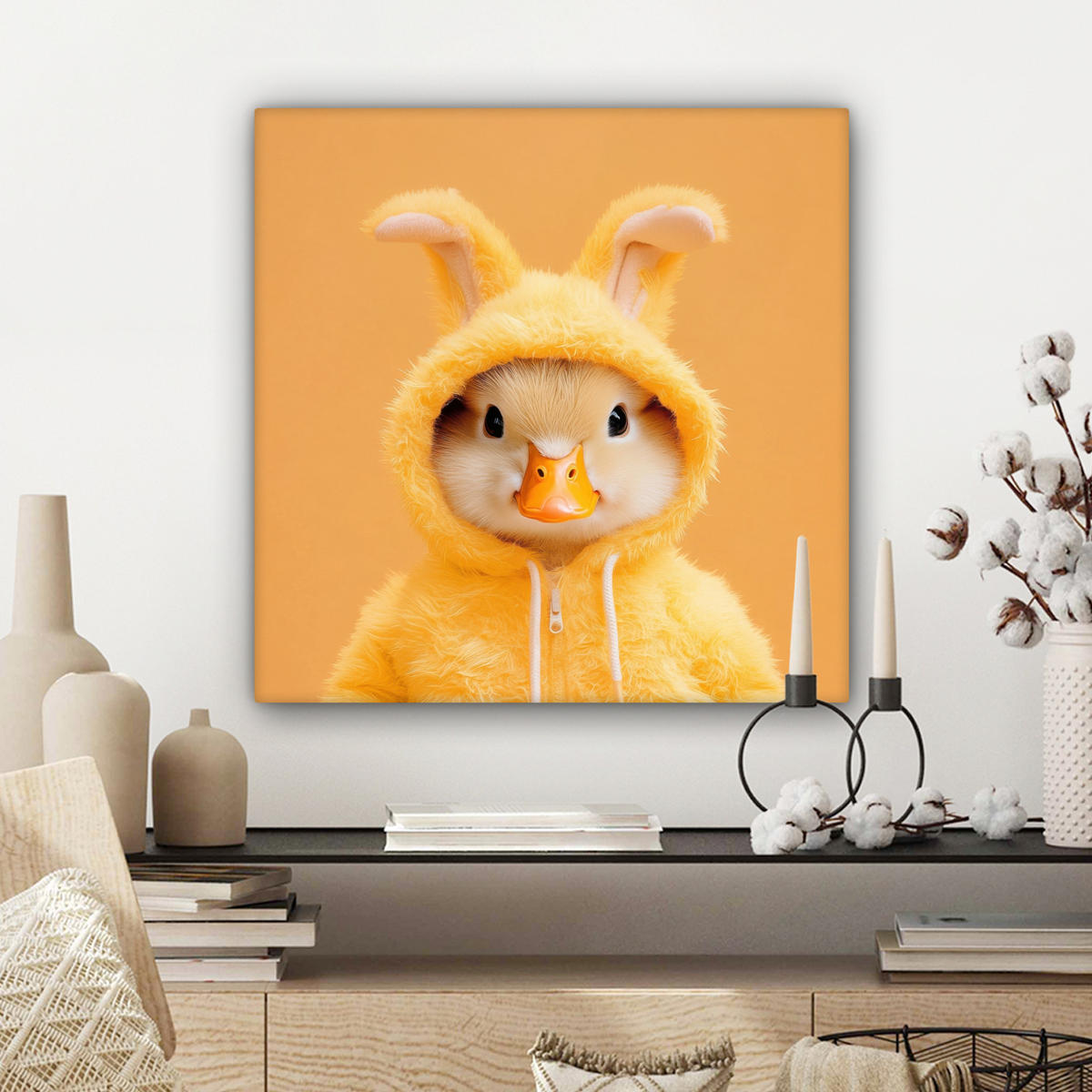 LEINWANDBILD Osterhase - Kostüm - Ente Wandbild Wohnzimmer 50x50 cm - Gelb, Textil (50/50cm) - MuchoWow