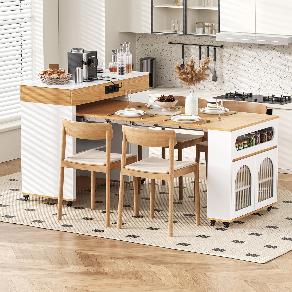 KÜCHENINSEL aus MDF 50.5-187.5x110.5x95.5 cm Weiß/Natur mit ausziehbarer Tischplatte & Steckdosen - Weiß, Holzwerkstoff (187.5/95.5/110.5cm) - Modfu