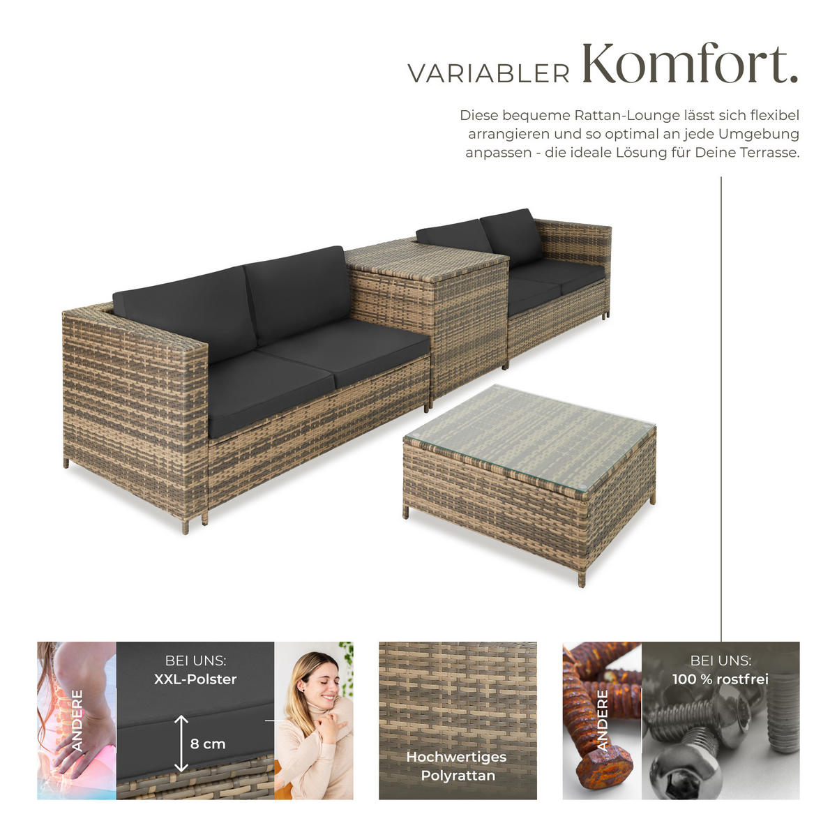 RATTANLOUNGE Siena,mit Sicherheitsglasplatte,natur/dunkelgrau - Naturfarben, Kunststoff - tectake