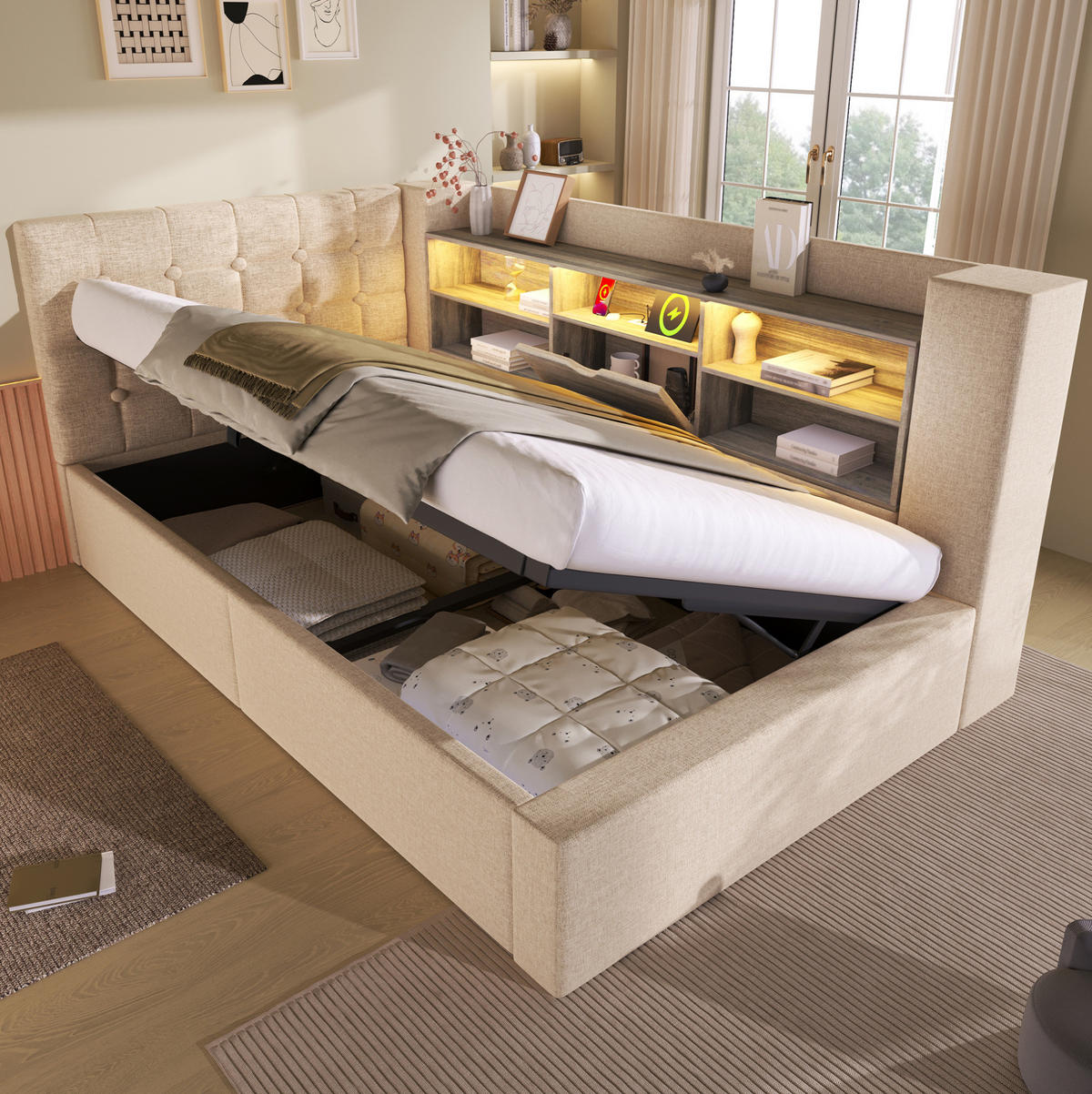 POLSTERBETT 90/200 cm mit LED-Beleuchtung, USB-Anschlüssen, hydraulischem Stauraum und L-Kopfteil aus Leinen, Beige - Beige, Textil (90/200cm) - Redom