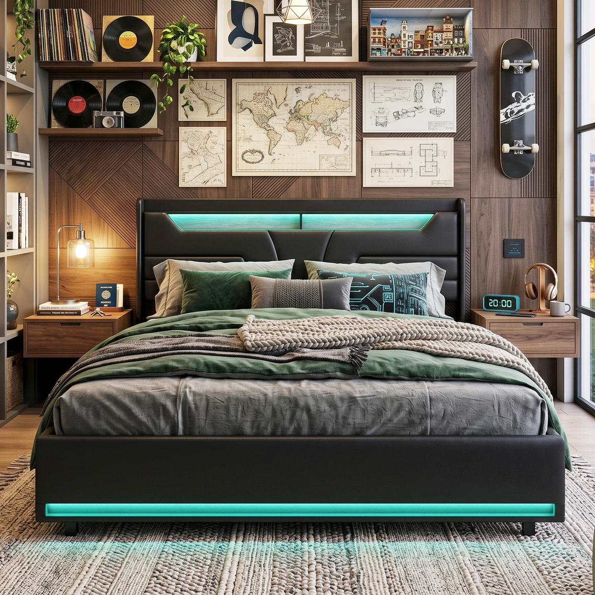 POLSTERBETT Schwebe-Optik 140/200 cm mit Bettkasten Dual-LED Kunstleder Schwarz - Schwarz, Textil (140/200cm) - Creahappy